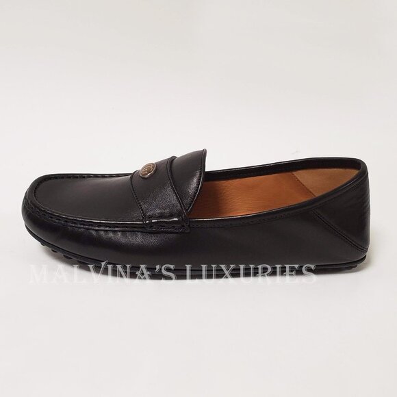 GUCCI SHOES MENS DRIVER MOCCASINS BLACK LEATHER w LOGO & BEE DETAIL 6.5G 7